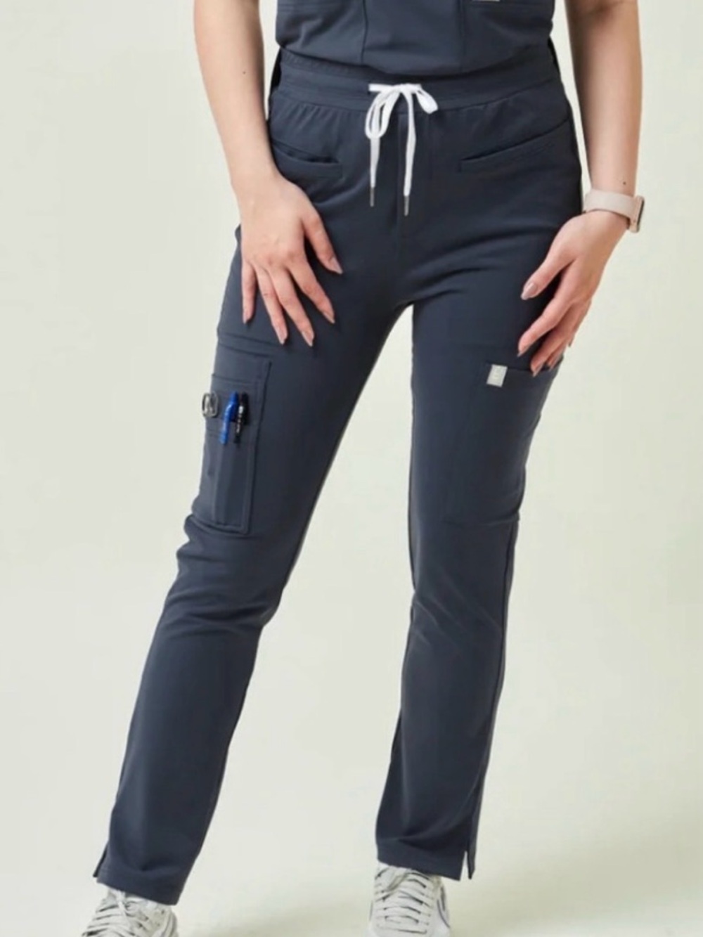Women's Slim Drawstring Cargo Scrub Pants in Charcoal